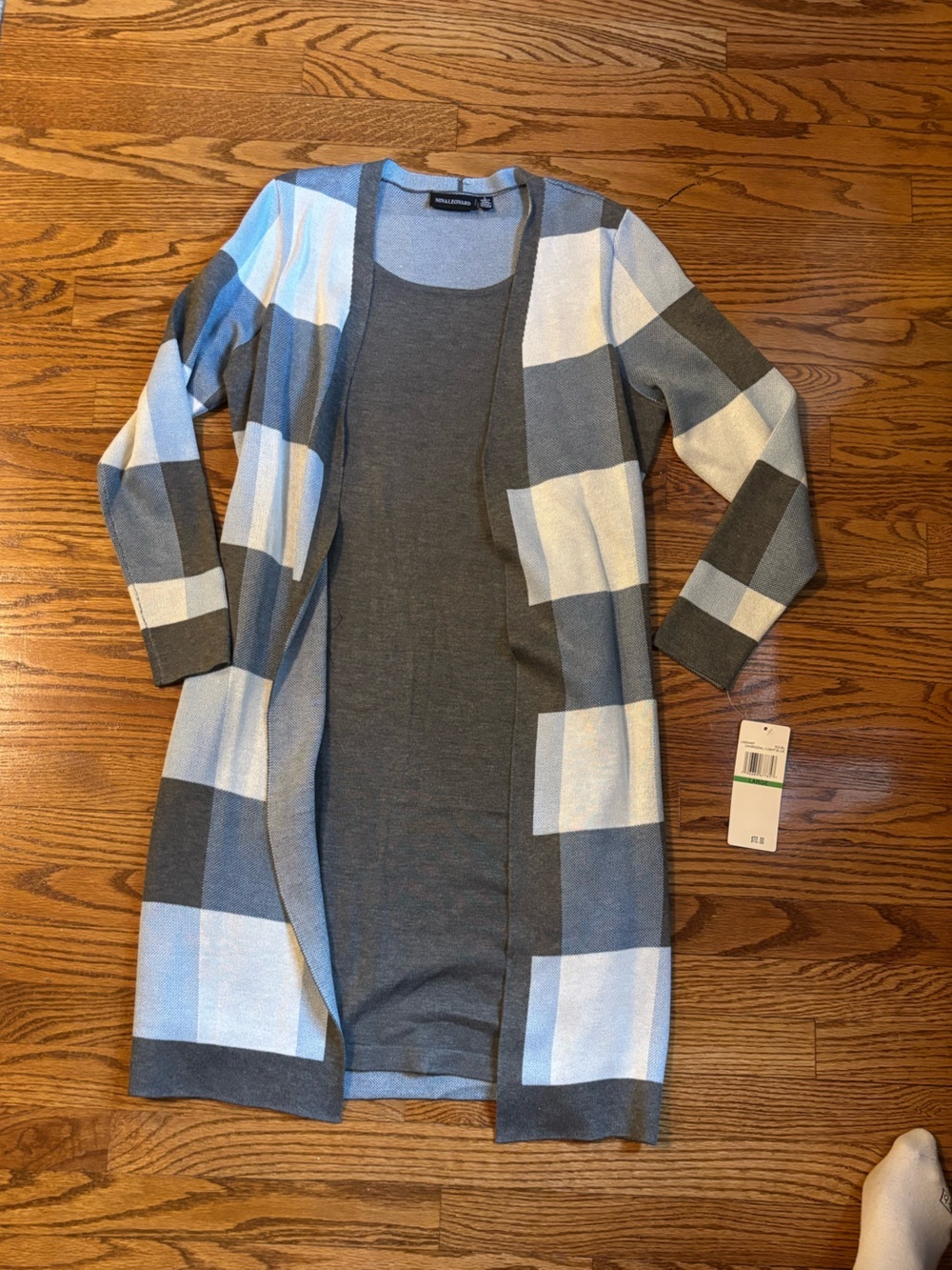 Nina Leonard Buffalo Plaid Knit Tunic Sweater Blue Gray XL